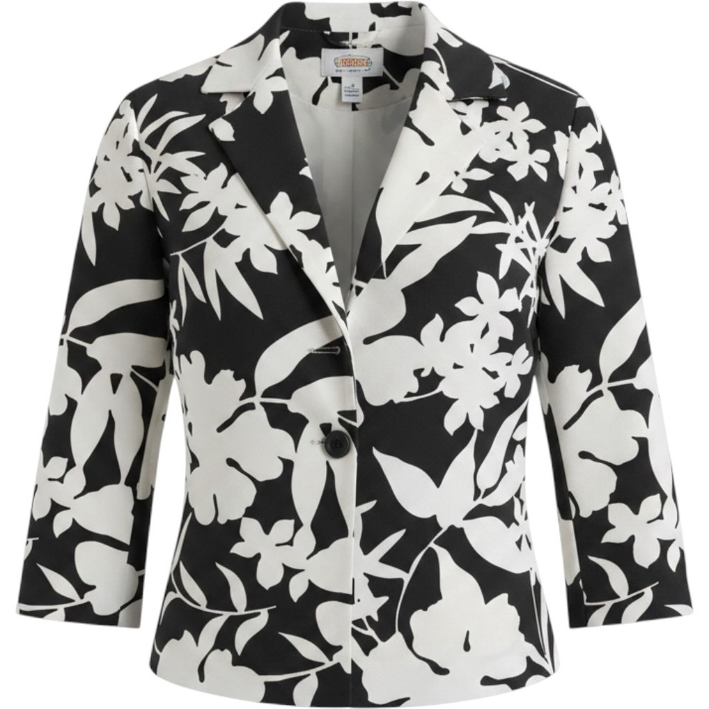 Talbots Petites Silk Blazer Black White Floral Print 1 Button Jacket Size 6P